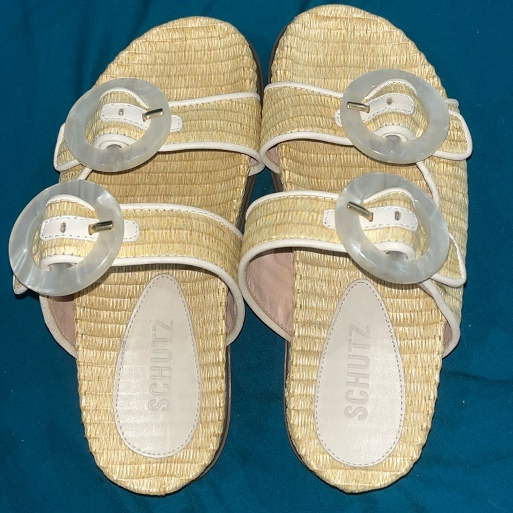 Schutz Coraline Woven Straw Sandal Buckled Straps Size 5